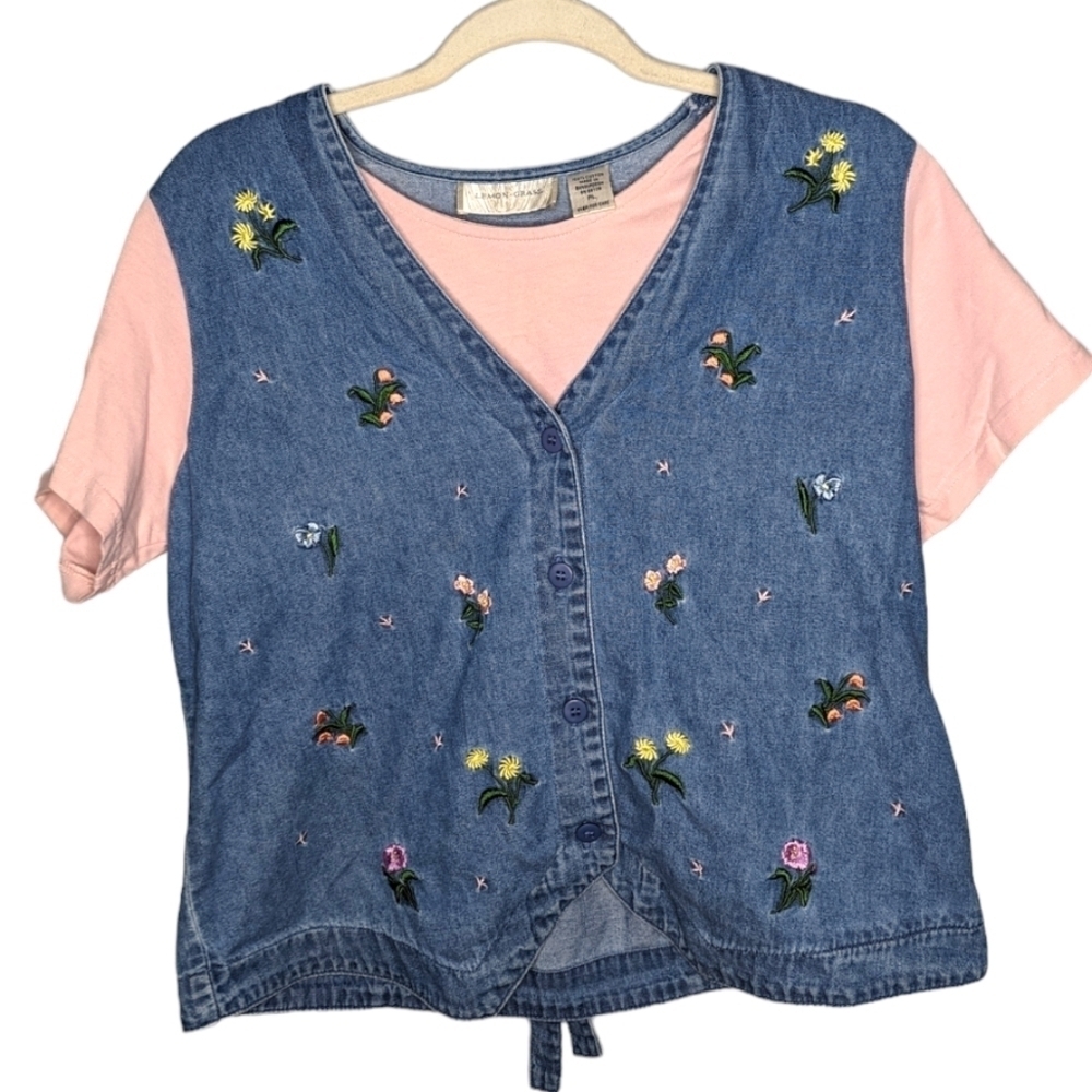 Y2K vintage Lemon Grass Grandma ferry core Cottage denim layered shirt size PL